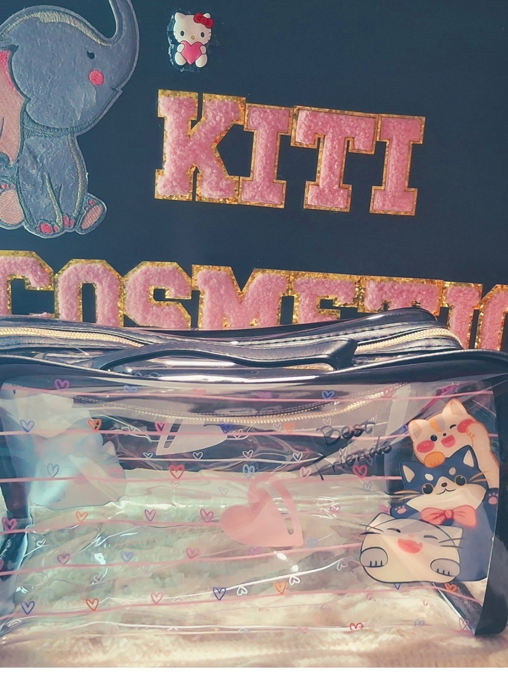 Clear Kitty Print Kids Cosmetic Pouch - Pink Accents